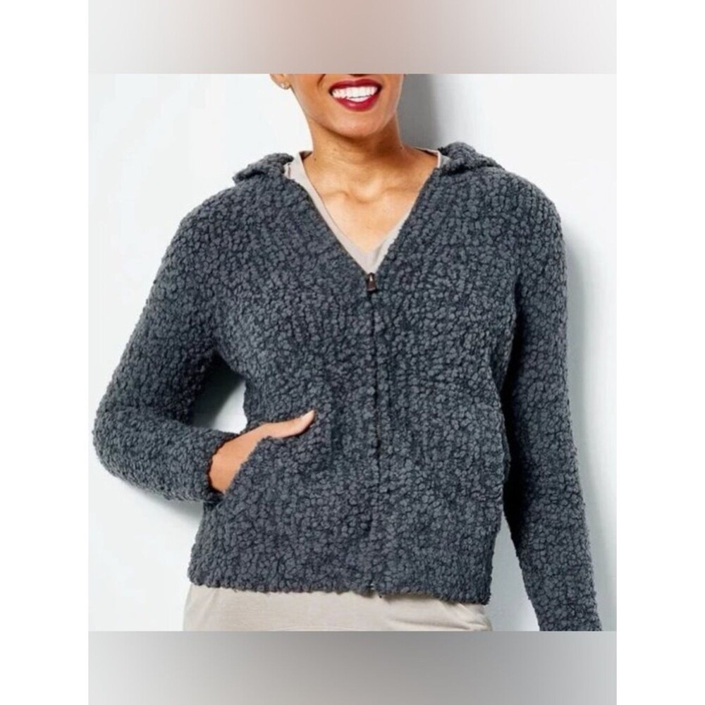 Barefoot Dreams Boucle blue Gray Zip Up Long Sleeve Lounge Hoodie Size XS